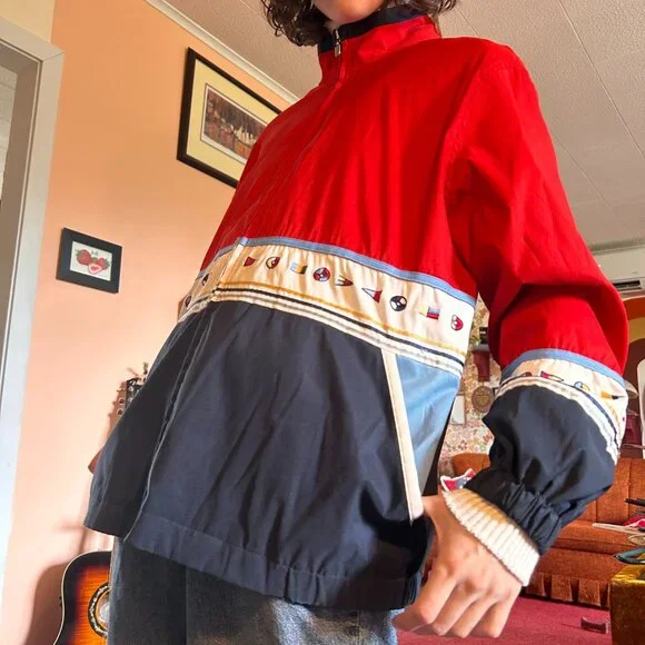 1990s retro color blocked embroidered drop sleeve windbreaker with boat flags - - Picture 8 of 13